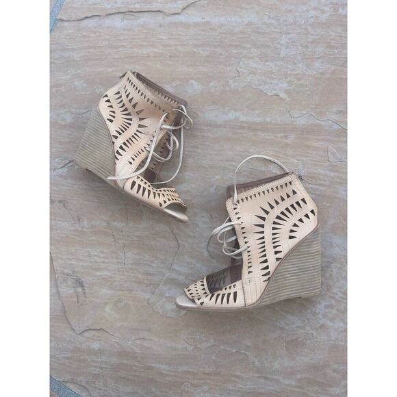 Jeffrey Campbell Shoes - Jeffrey Campbell Beige lace up Wedge Open Toe Heels Size Sz 9.5 BZ